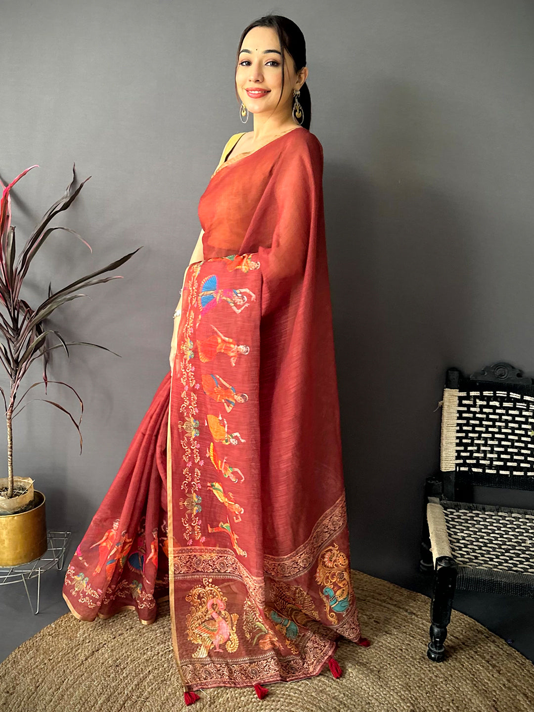 Maroon Bharatanatyam Art Linen Saree