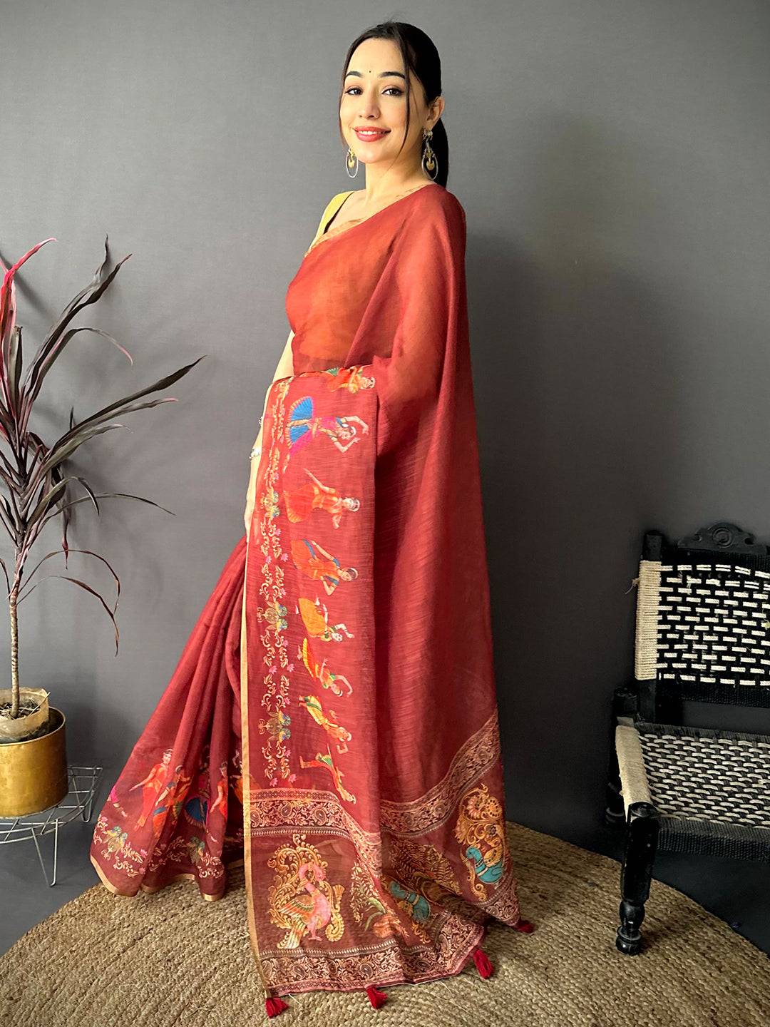 Maroon Bharatanatyam Art Linen Saree