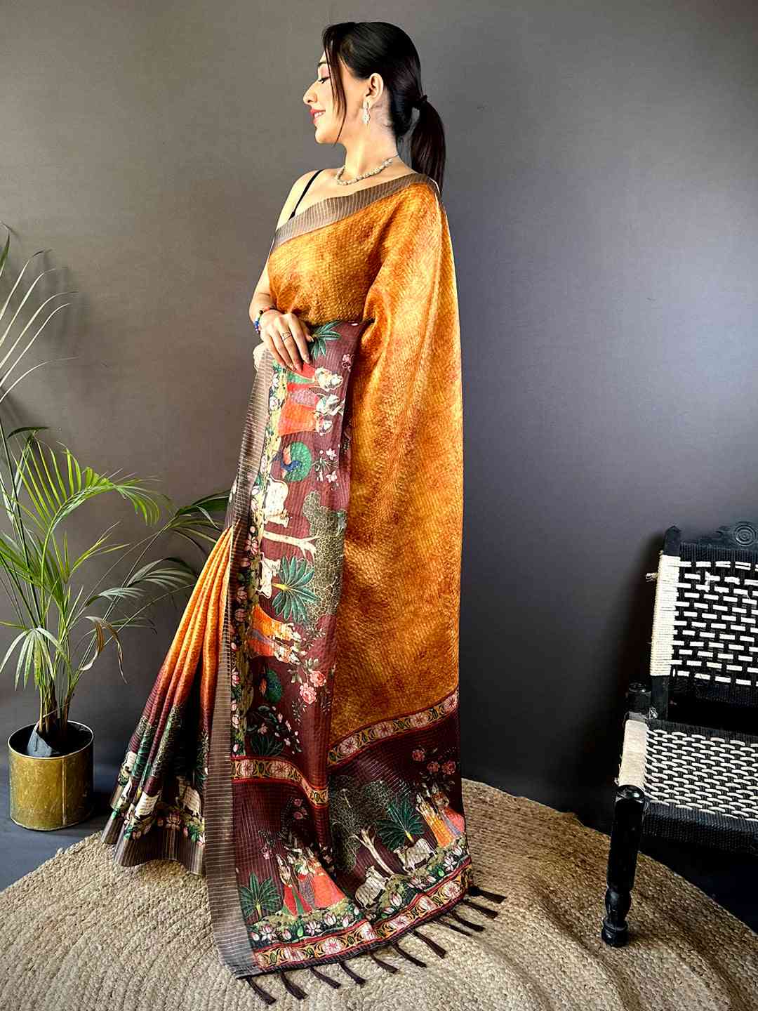 Mustard Kalamkari Pichwai Black Check Saree