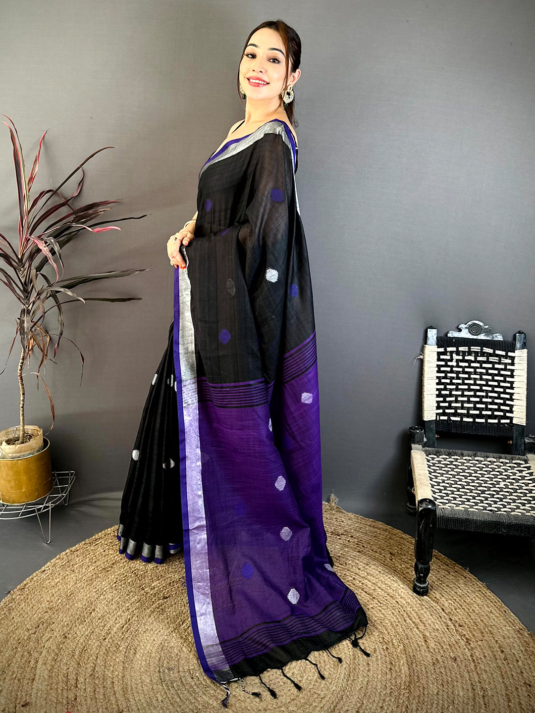 Classic Minakari Polka Dot Linen Saree