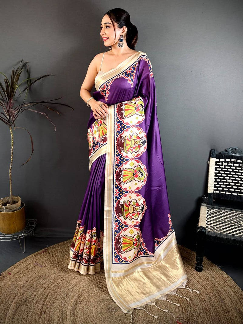 Purple Patola Print Soft Kanchi Silk Saree