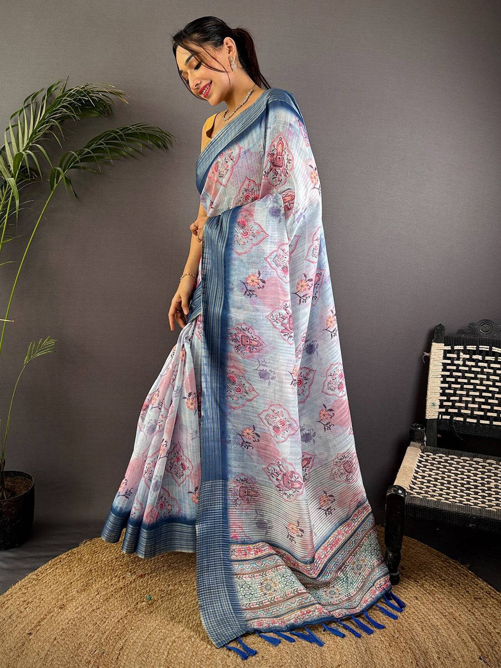 Pastel Blue Linen Digital Printed Saree