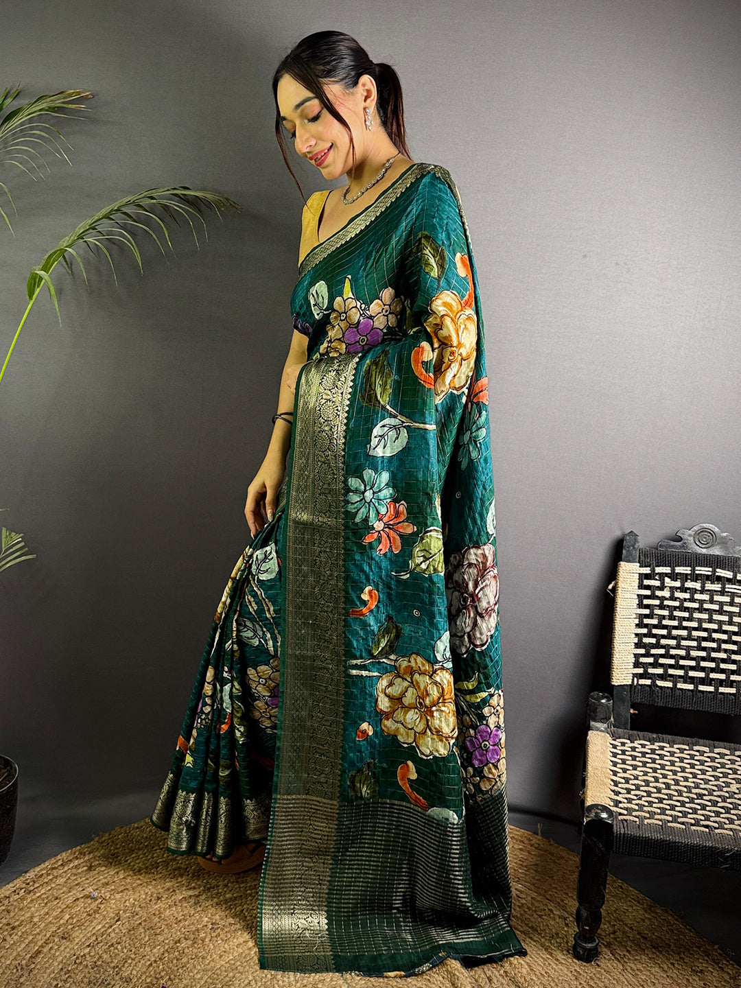 Teal Pure Viscose Kalalmkari Print Saree