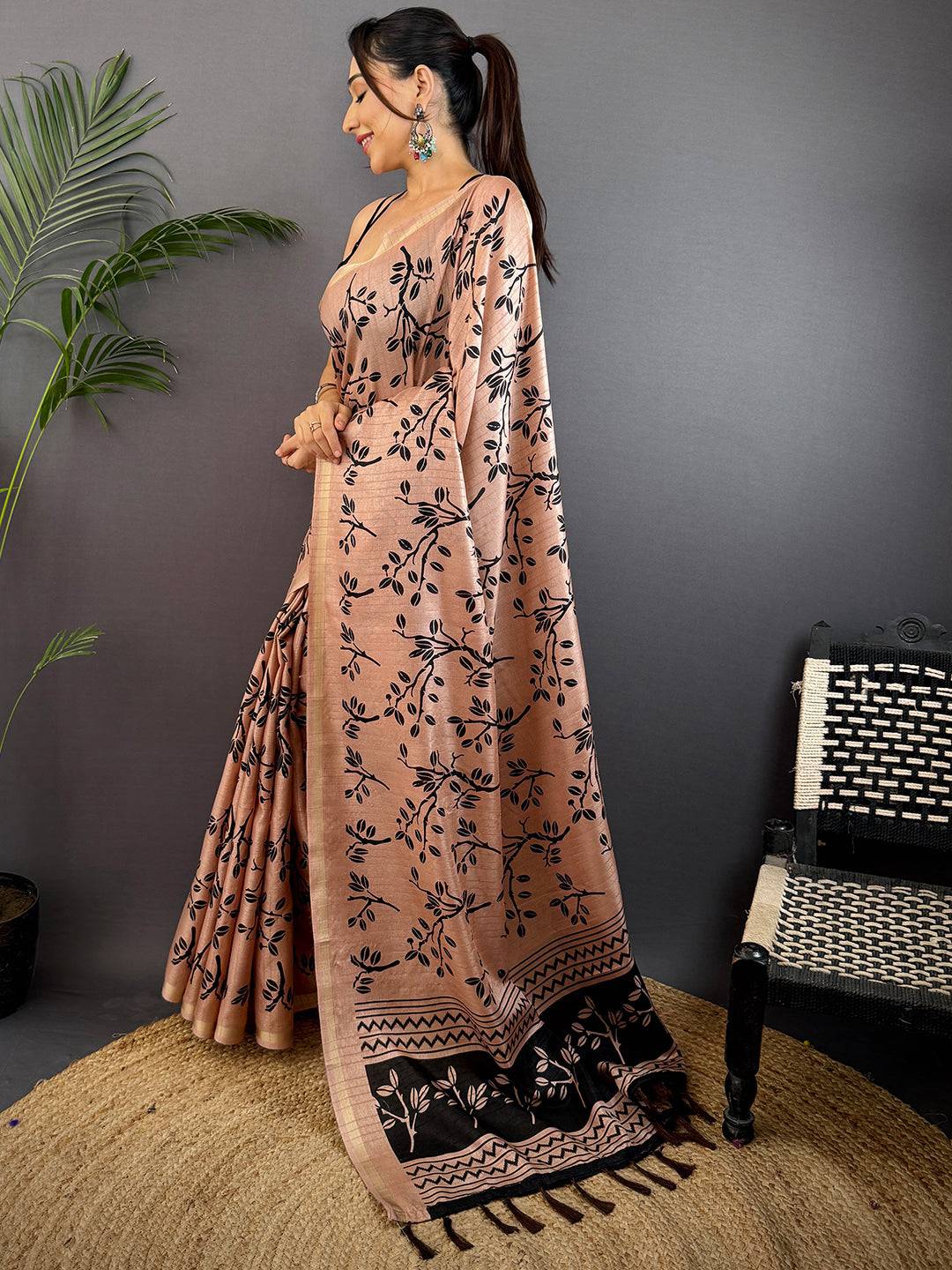 Peach Ghicha Leaf Print Saree