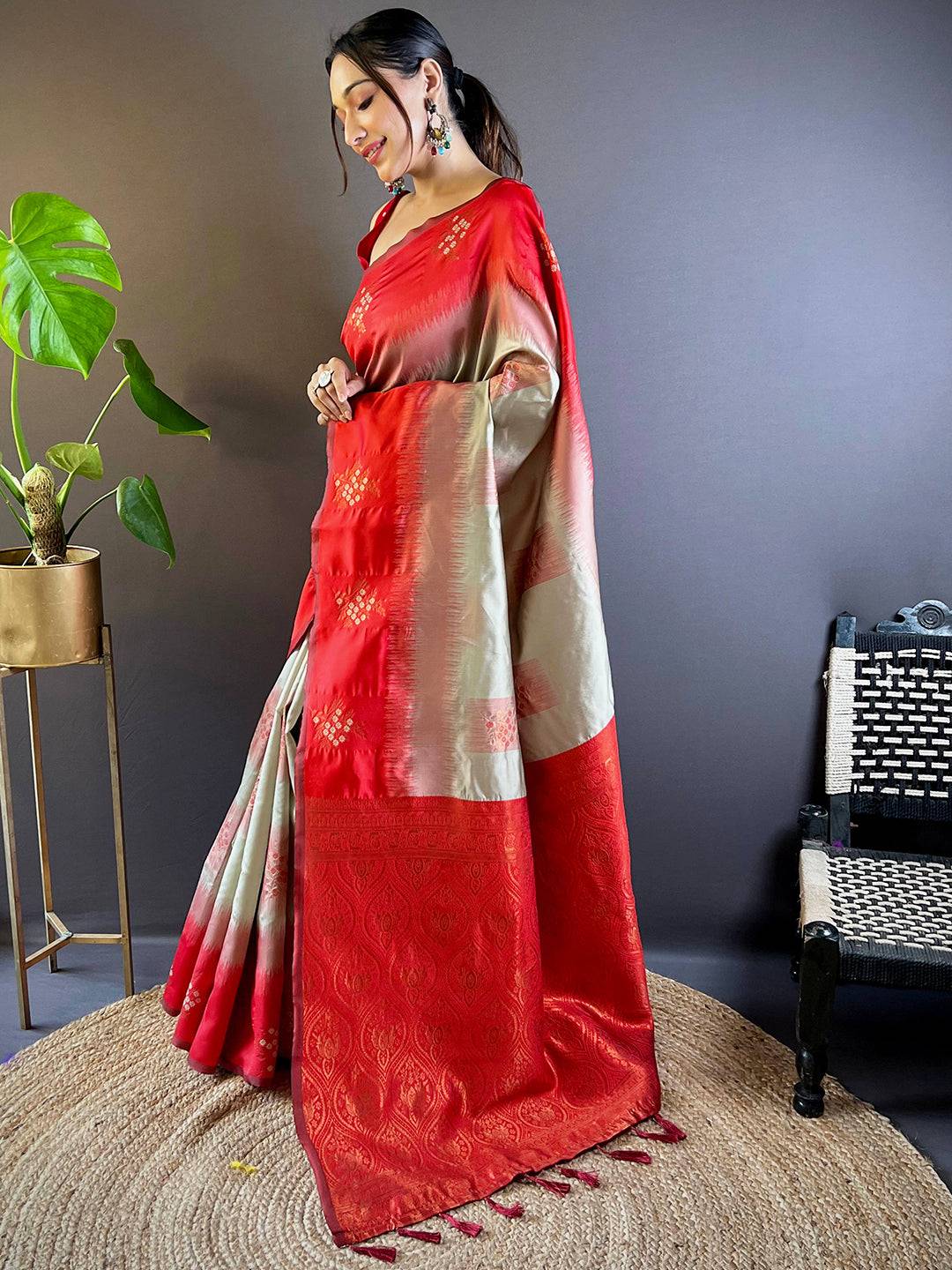 Model showcasing Red Sami Banarasi Tussar Silk Saree