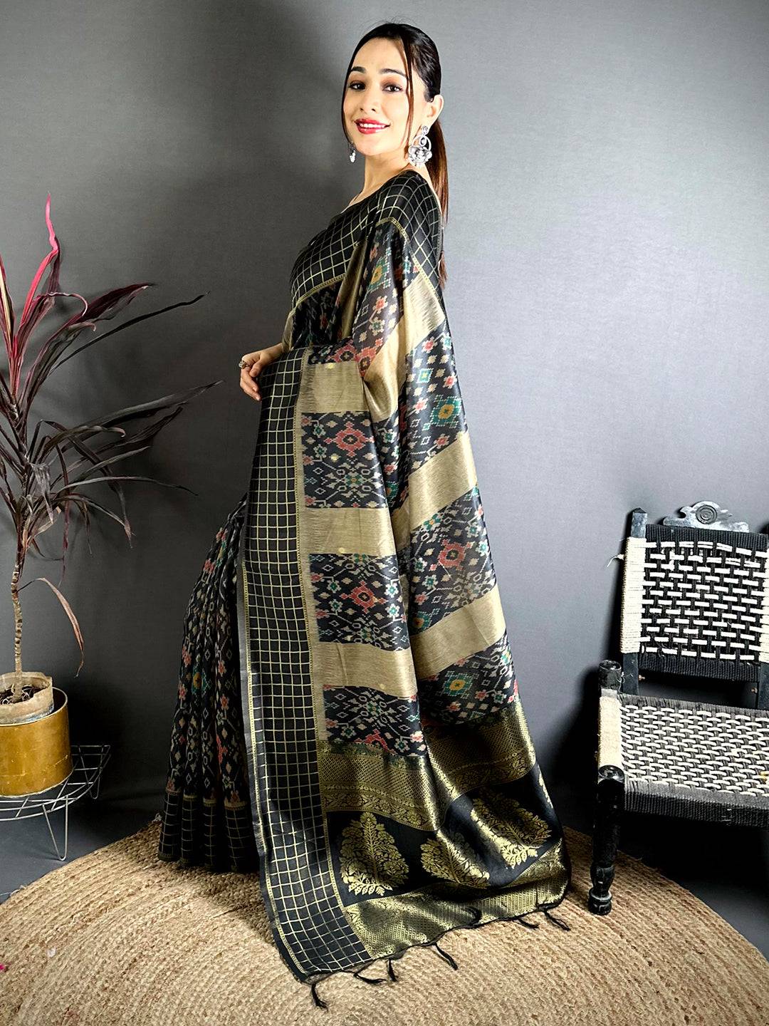 Stylish Black Soft Silk Zari Chex Saree