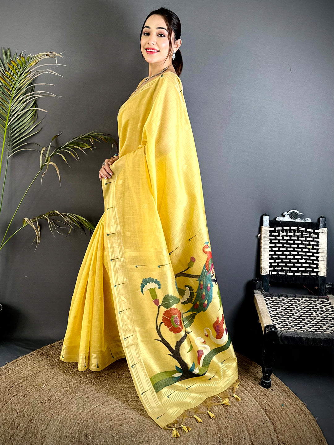 Yellow Minakari Grace Khadi Linen Saree