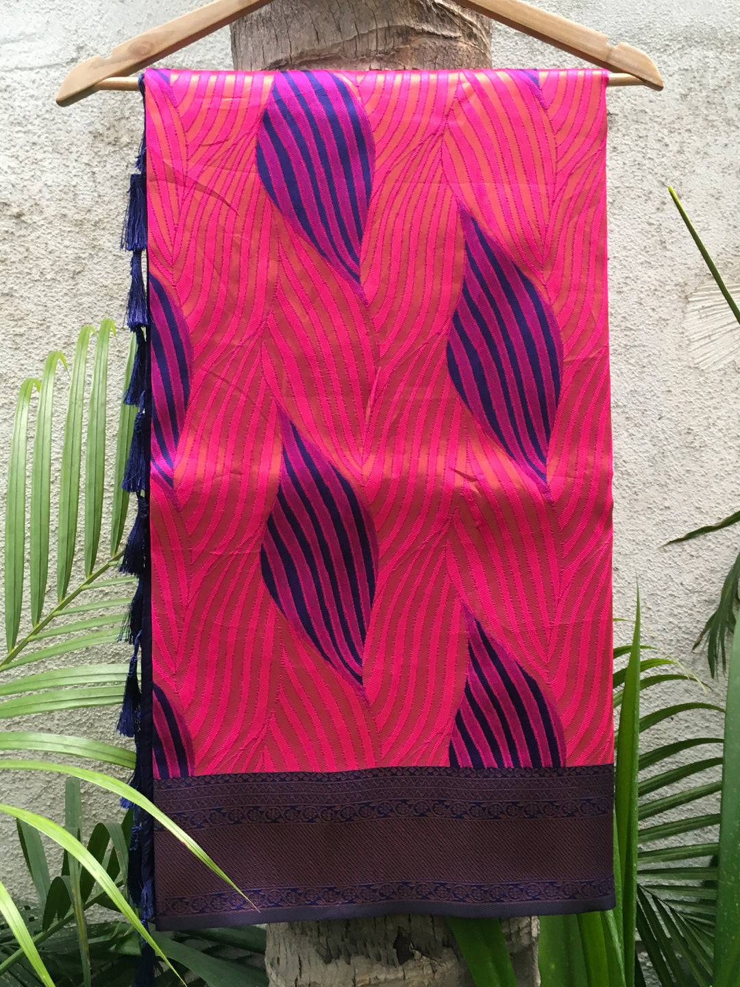 Rani Tussar Silk Ikkat Saree Draped on Hanger