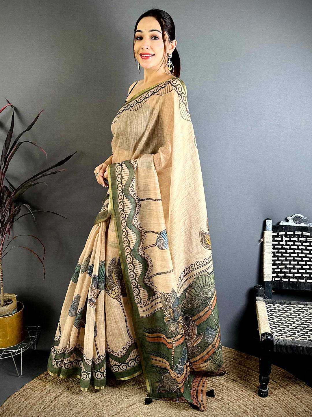 Elegant Freehand Kalamkari Linen Saree