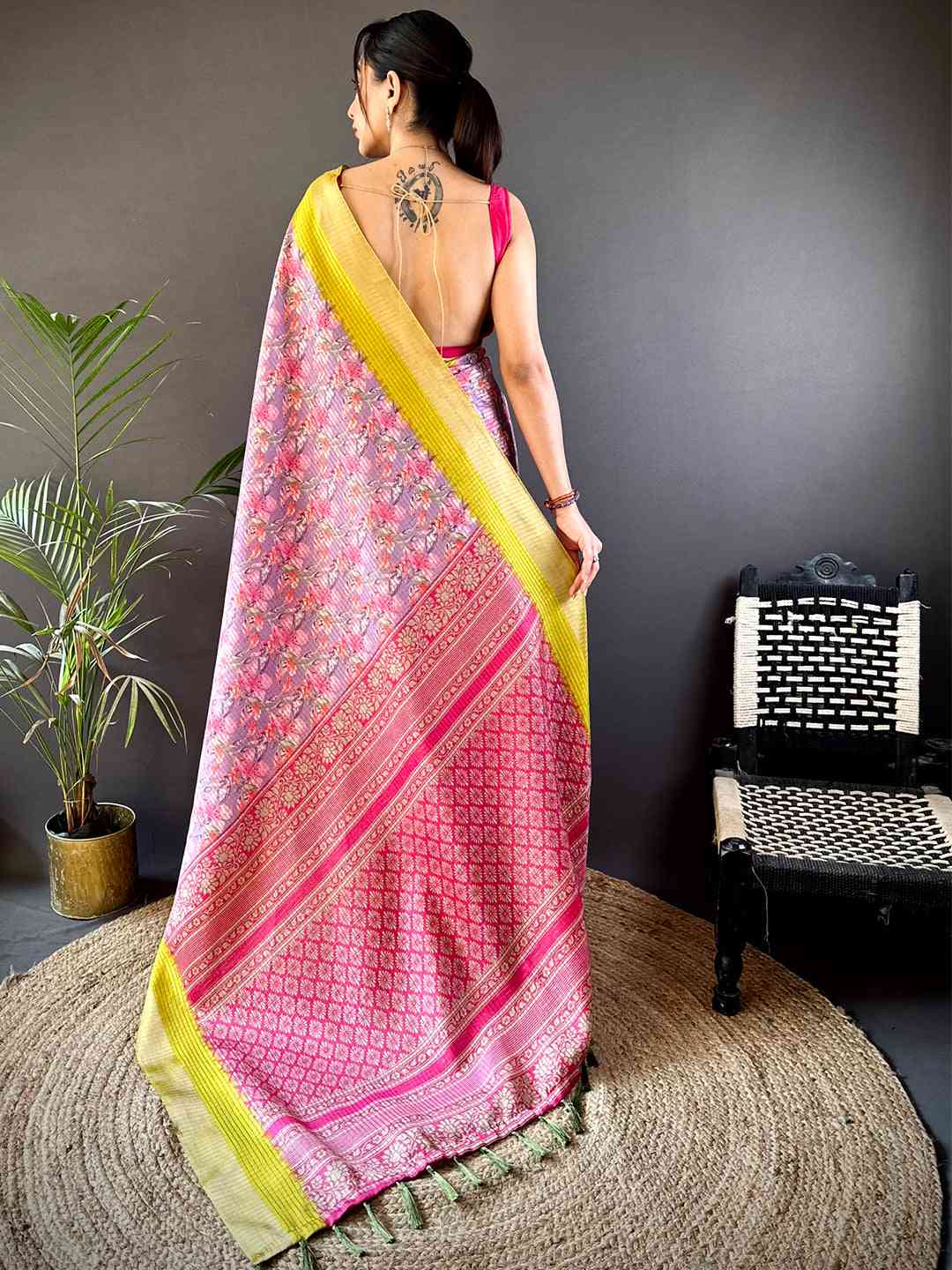 Lavender Tussar Chex Floral Saree