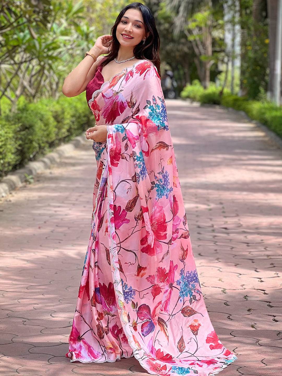 Stylish peach floral print saree in satin georgette