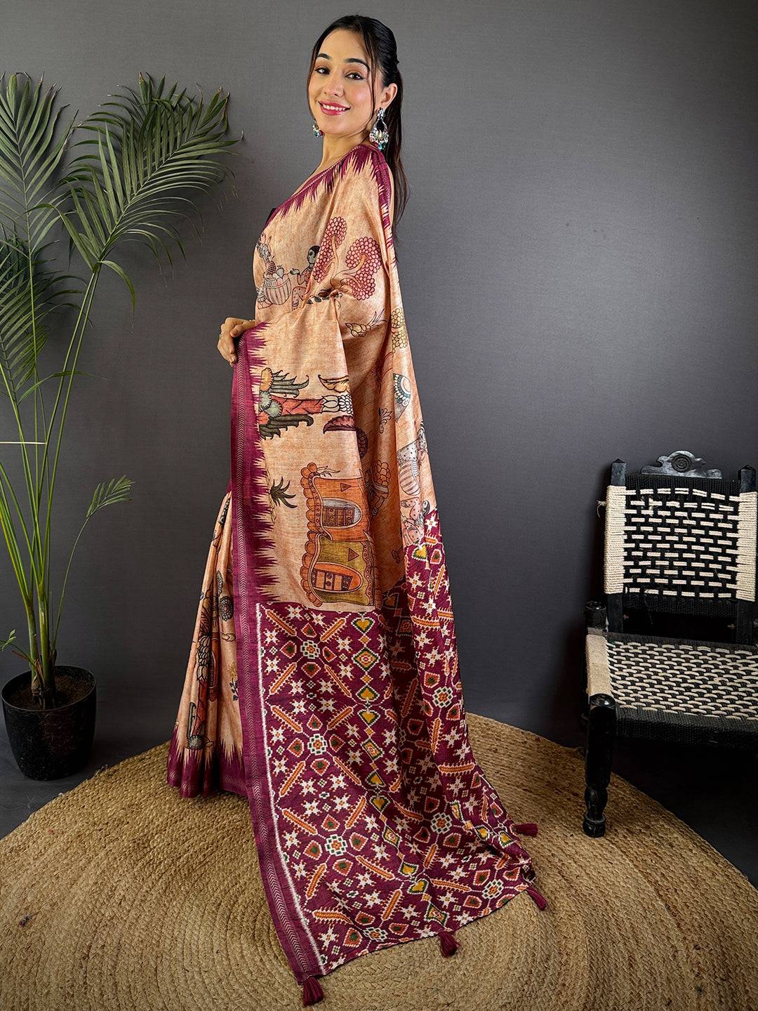 Light Peach Tussar Silk Kalamkari Printed Saree
