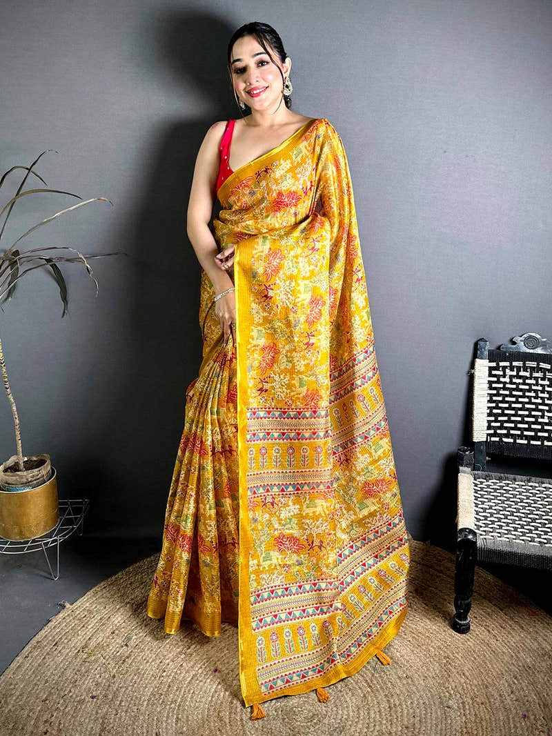 Mustard Kota Doriya Kalamkari Print Saree