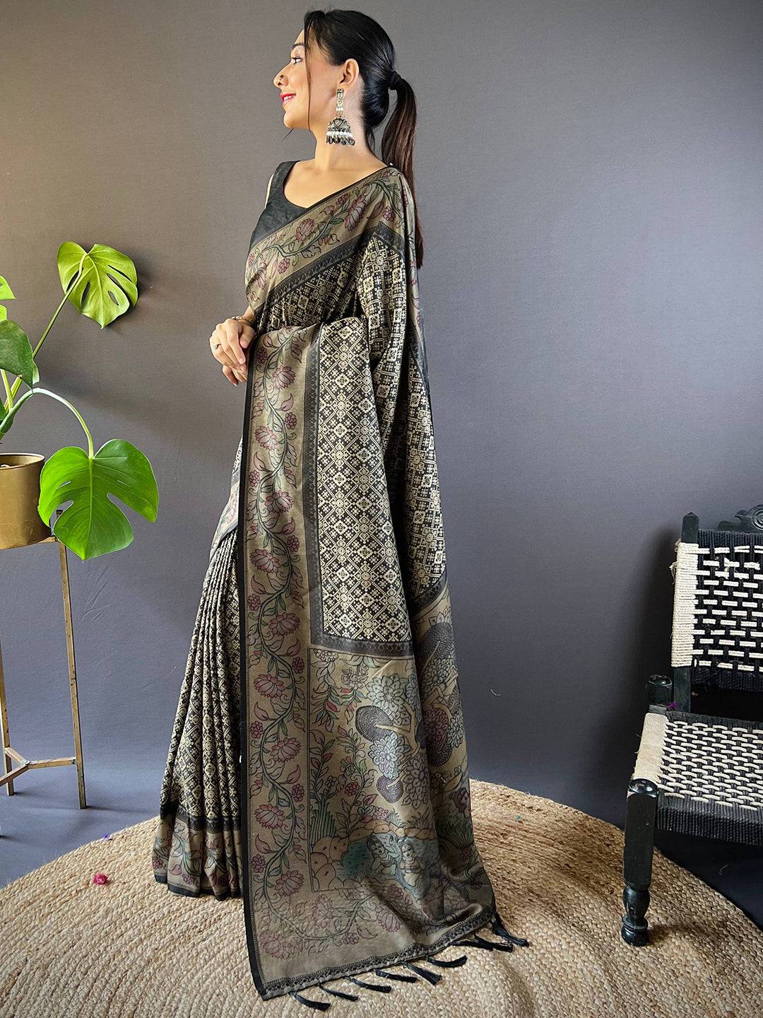 Black Patola And Kalamkari Fusion Saree