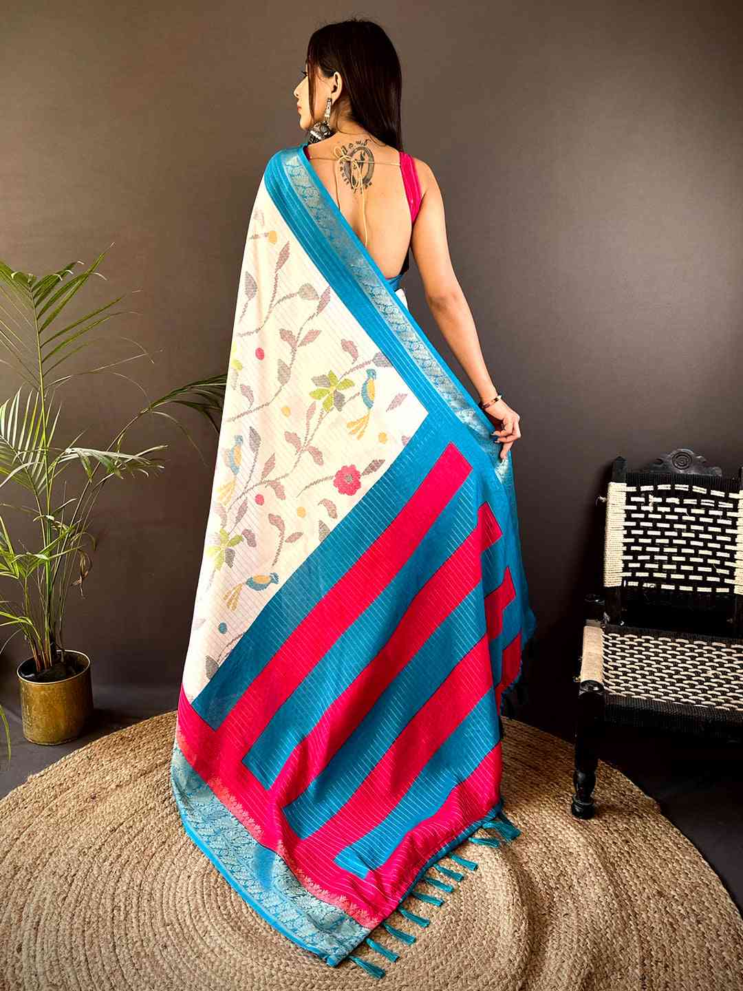 Blue Dola Silk Bird Print Saree