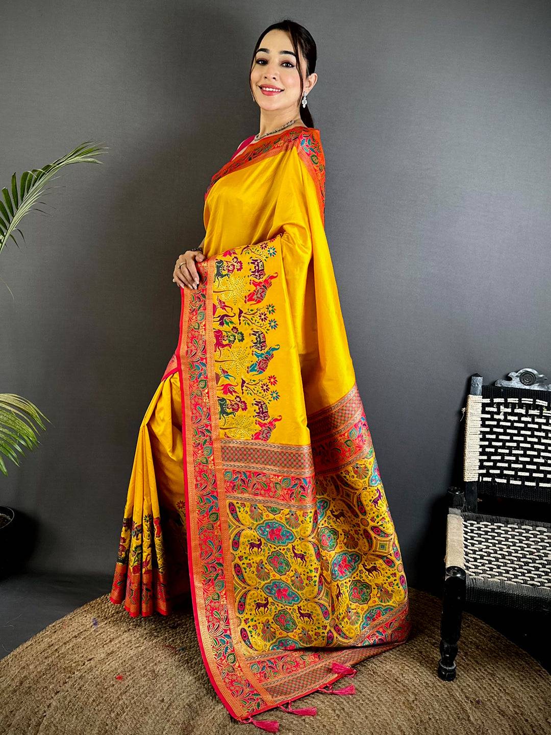 Yellow Soft Semi Silk Minakari Weave Saree