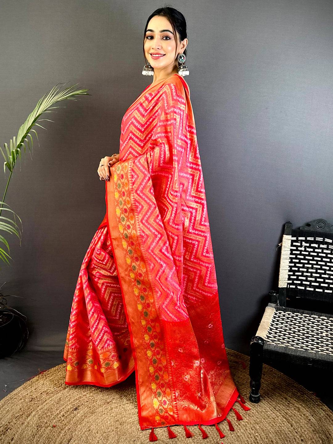 Pink Banarasi Zic Zac Katan Silk Saree