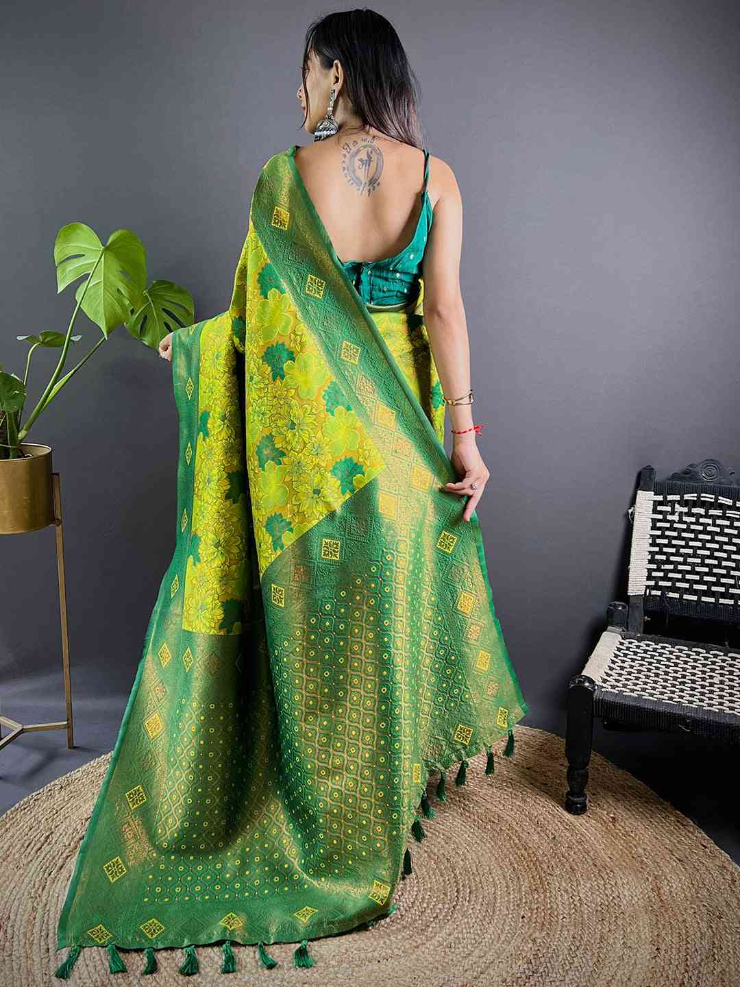 Back view of Sage Green Soft Silk Butta Weaving Saree