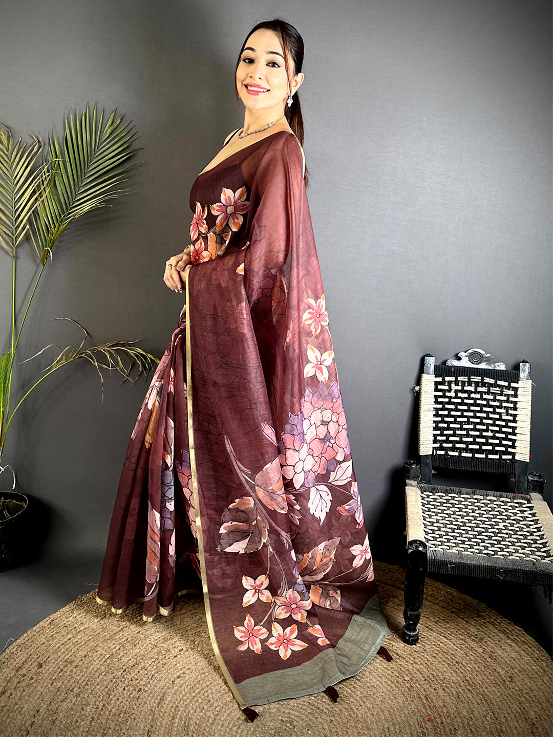 Classic Wine Floral Linen Saree
