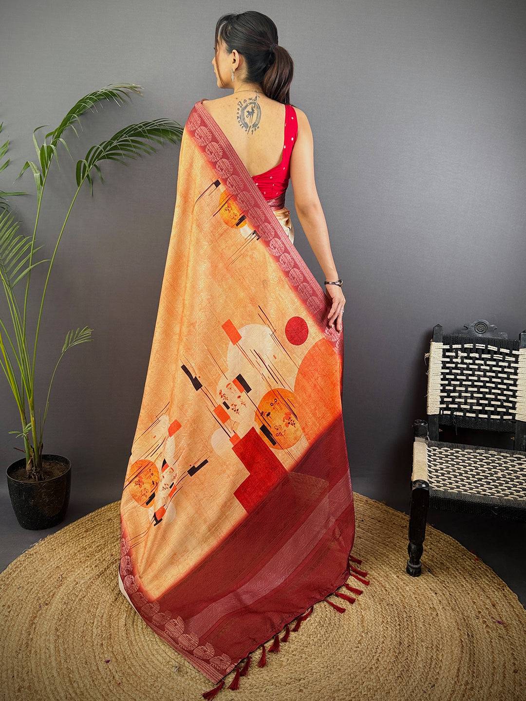 Ochre Digital Print Soft Dola Silk Saree