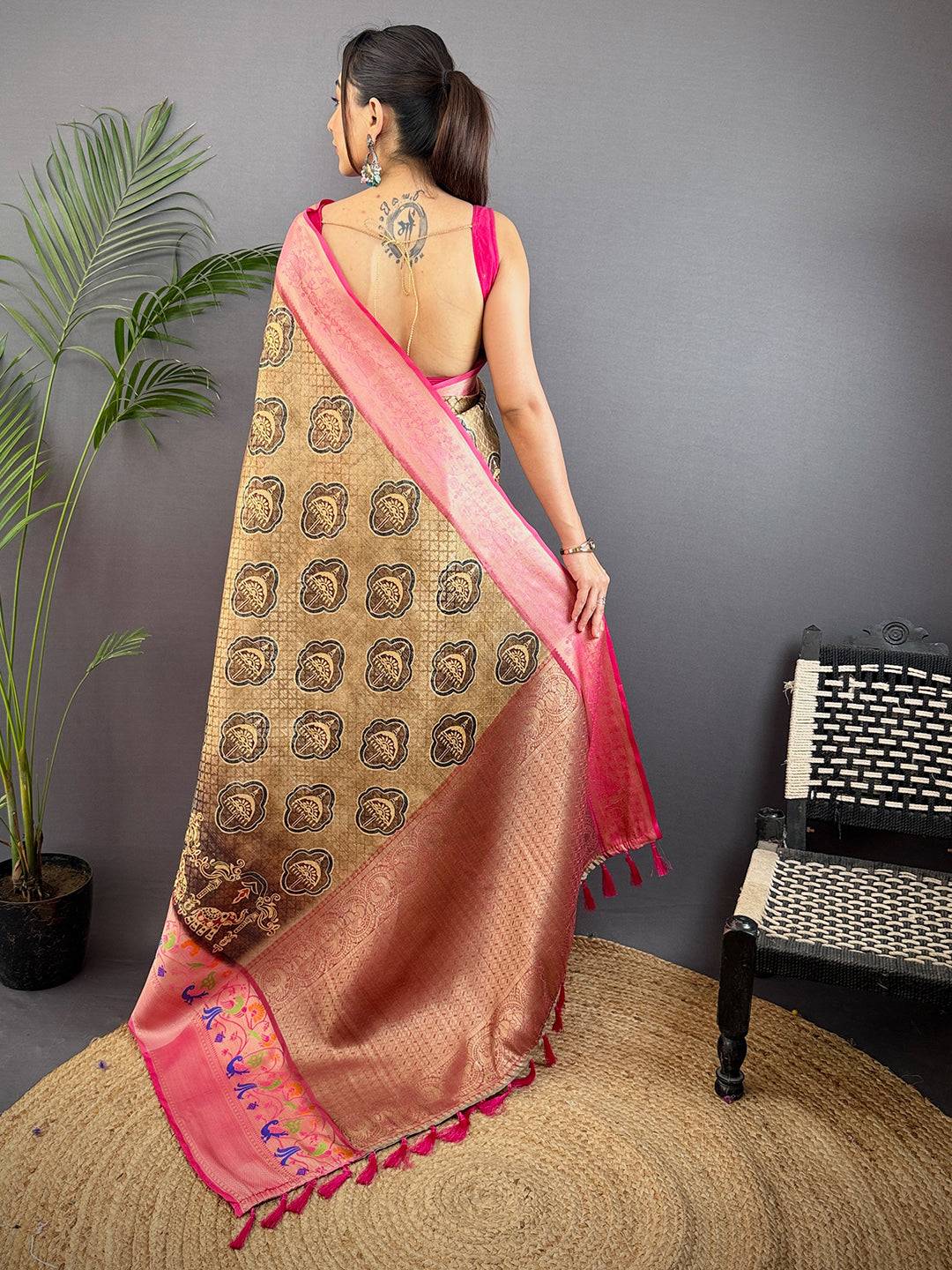 Beige Kora Muslin Kalamkari Floral Print Saree
