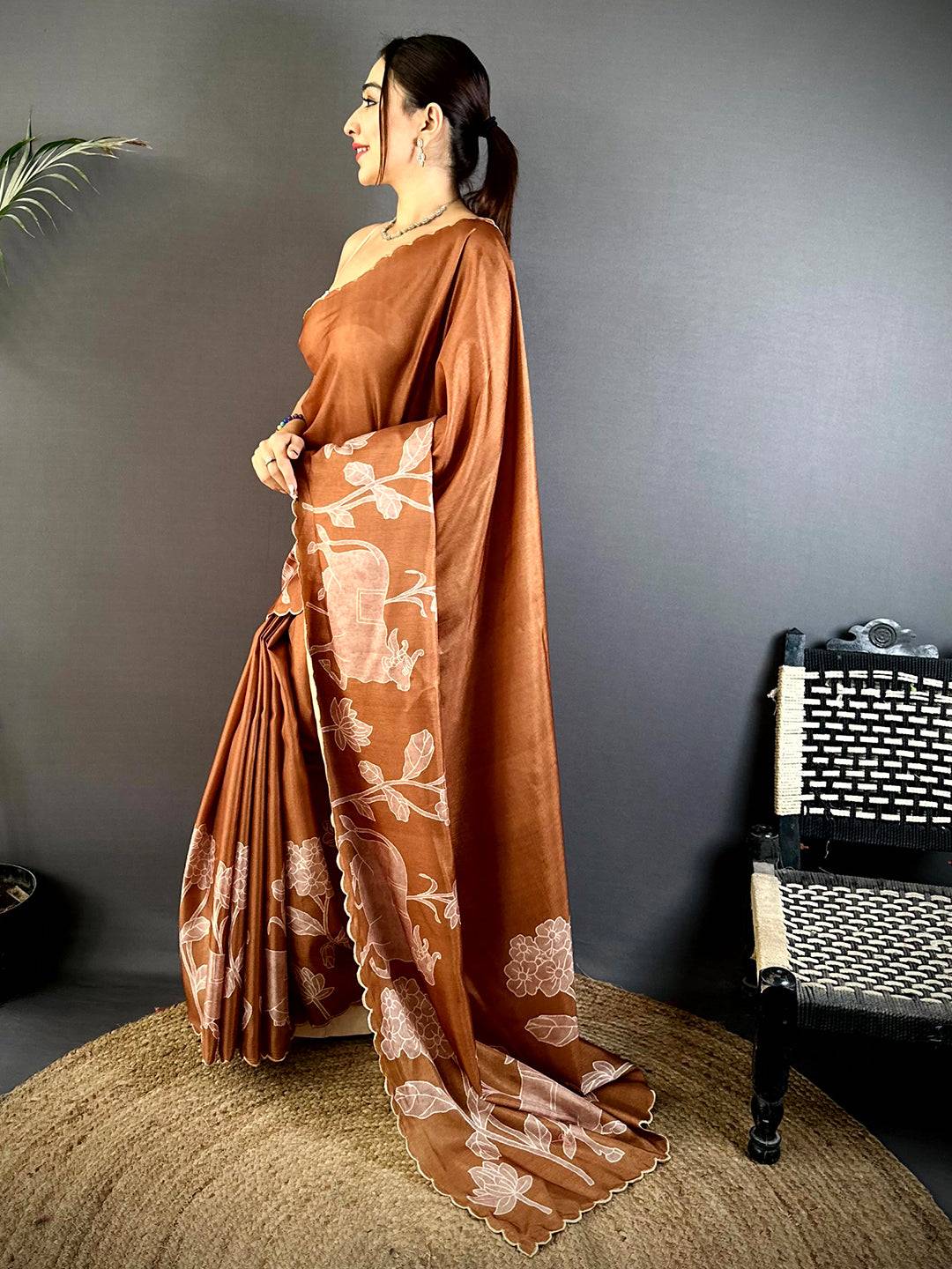 Opulent Tussar Cutwork Digital Saree