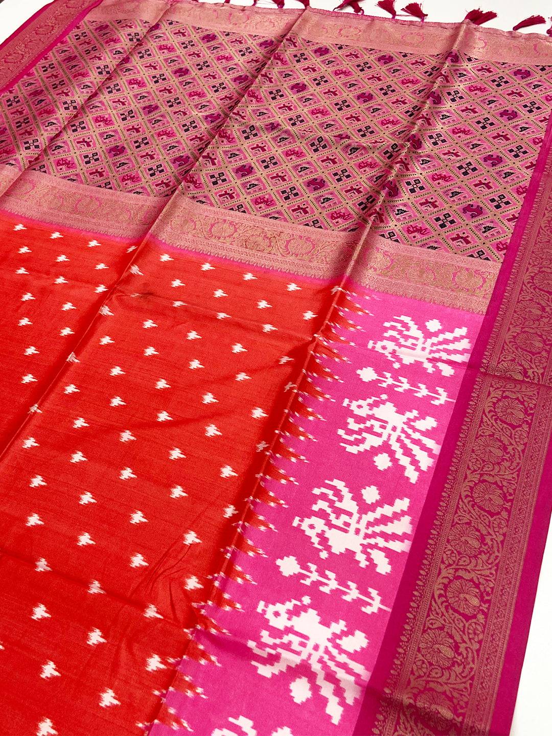 Red Banarasi Ikkat Print Saree
