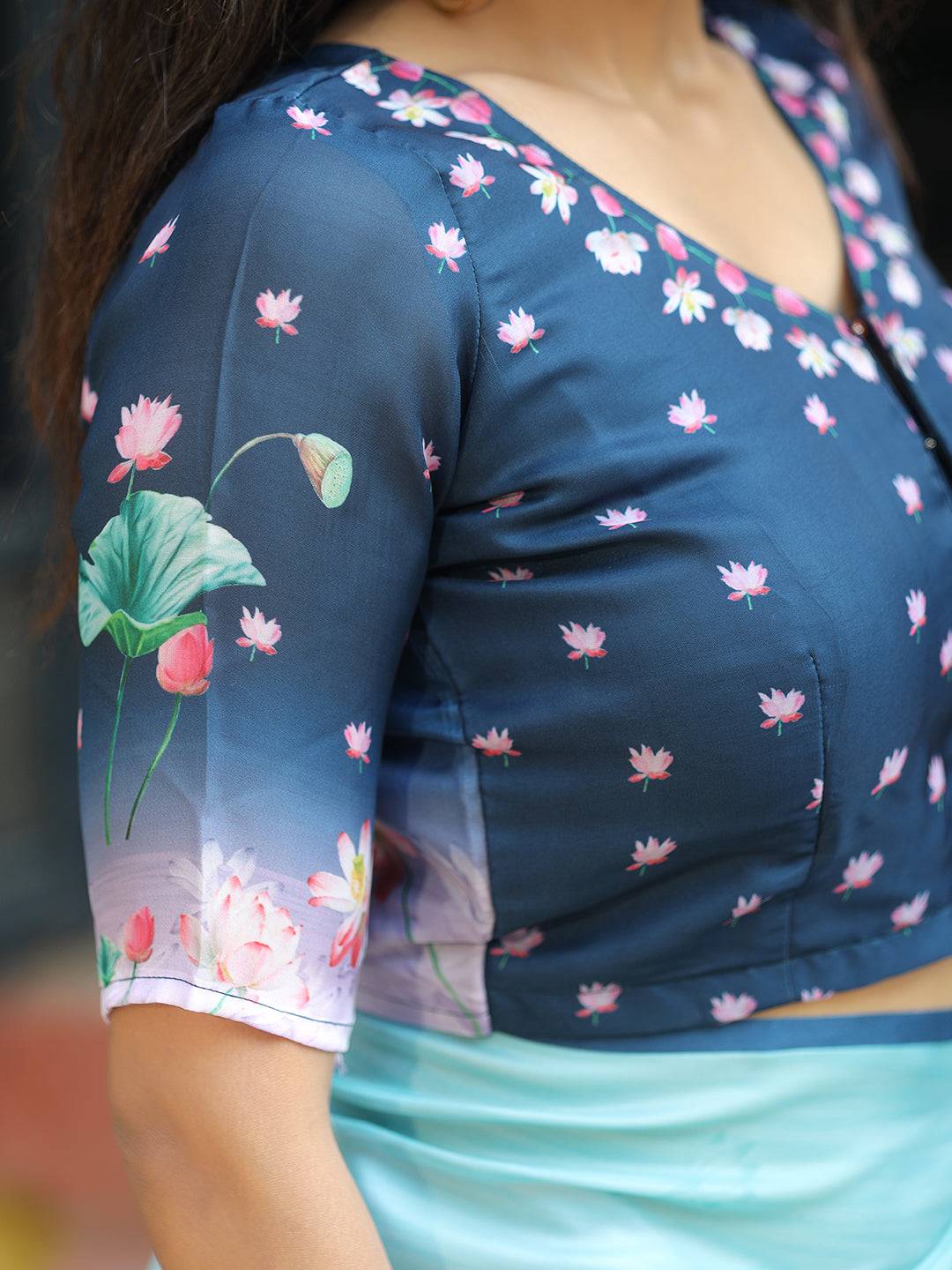 Beautiful Satin Georgette Aqua Colour Hand Print Saree