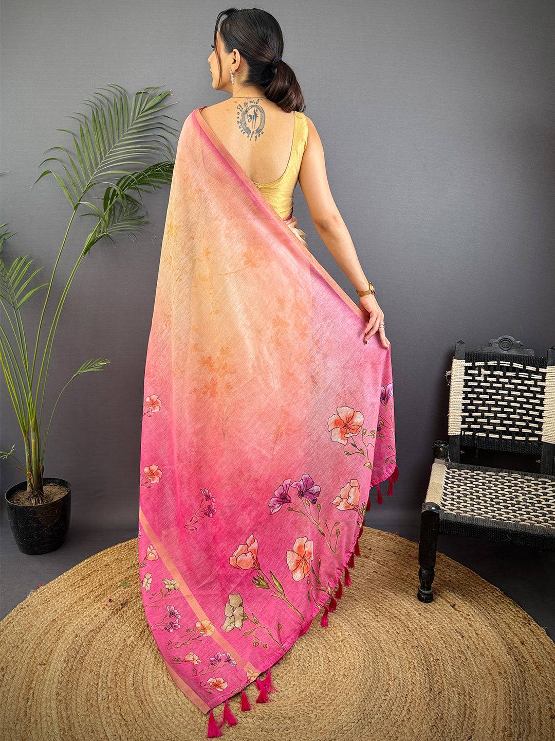 Light Pink Linen Chanderi Floral Print Saree