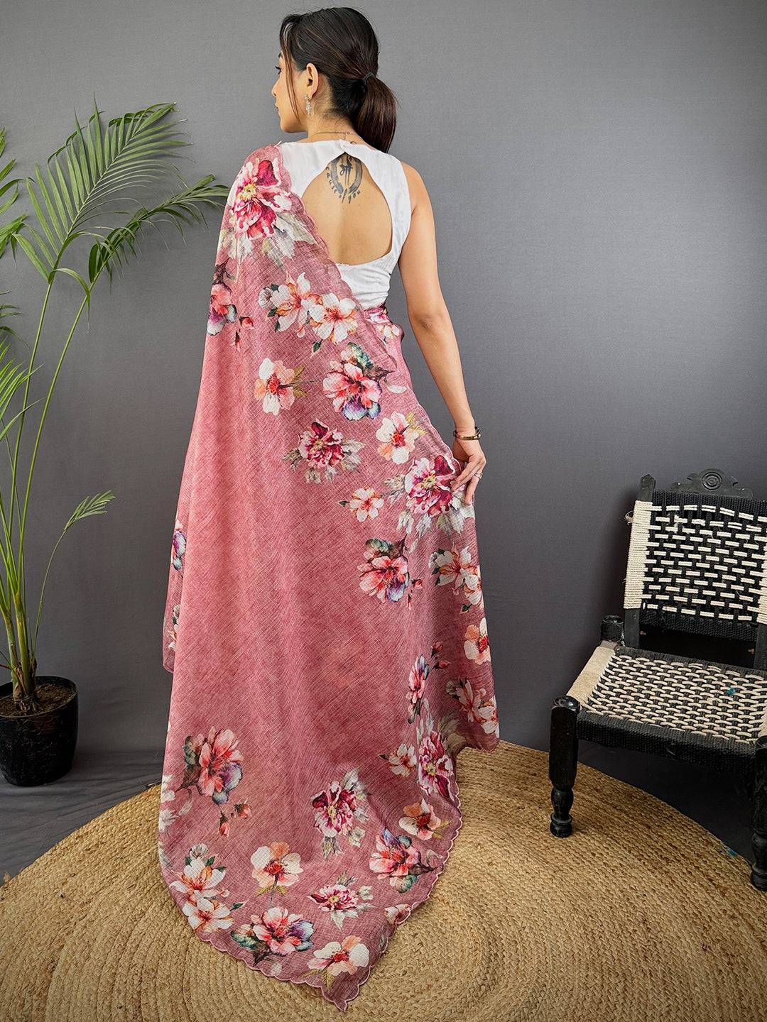 Blush Pink Kota Floral Digital Cut Work Saree