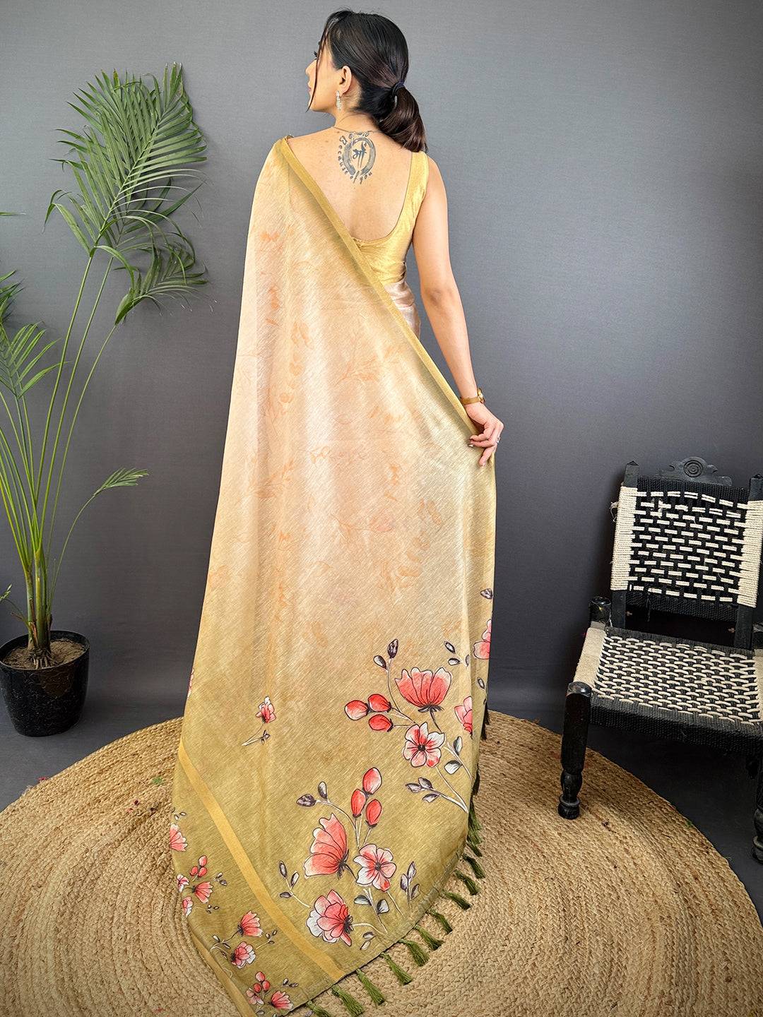 Olive Linen Chanderi Floral Print Saree