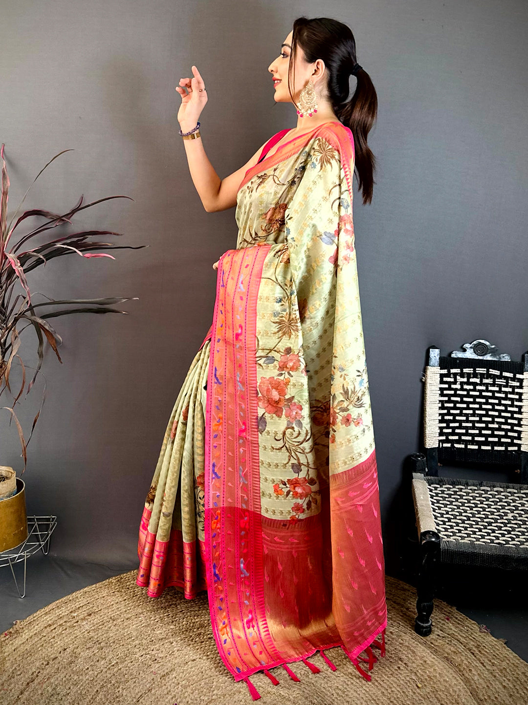 Pista Paithani Border Kora Tissue Saree
