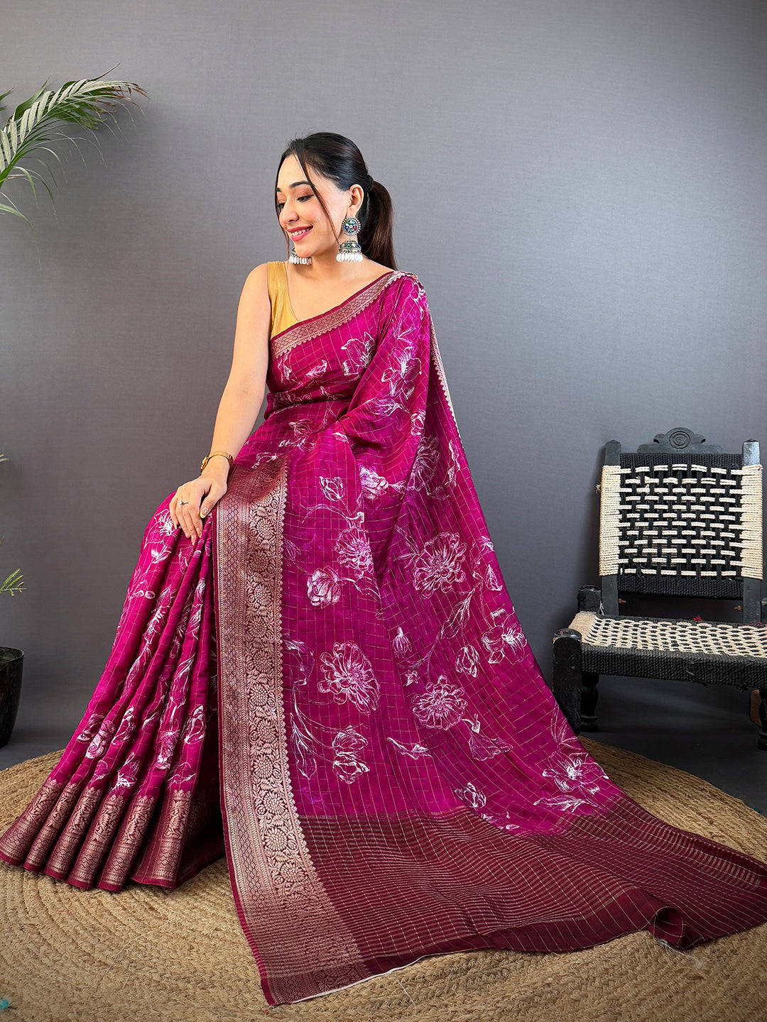 Magenta Floral Kalamkari Viscose Saree