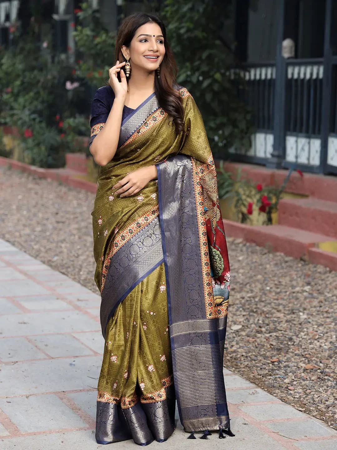 Olive Colour Viscose Dola Silk Saree with Pichwai Print