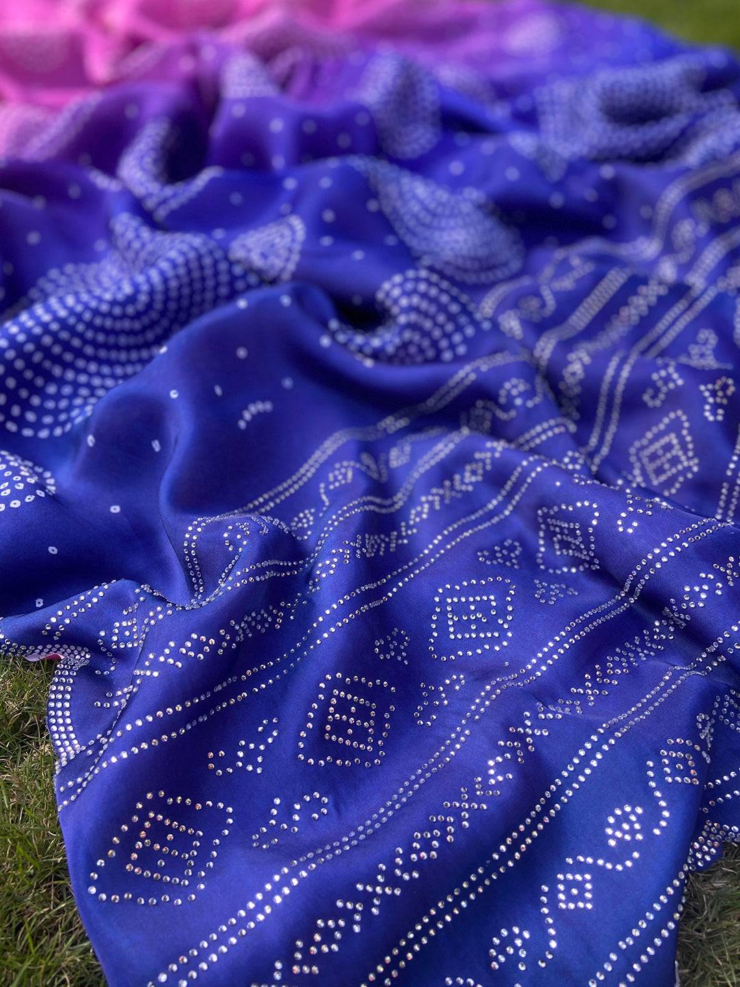 Georgette Silk Saree with Ombre Bandhej Print & Stone Work