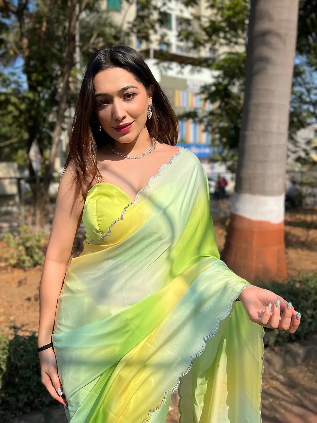 Pista satin georgette saree with intricate stone detailing