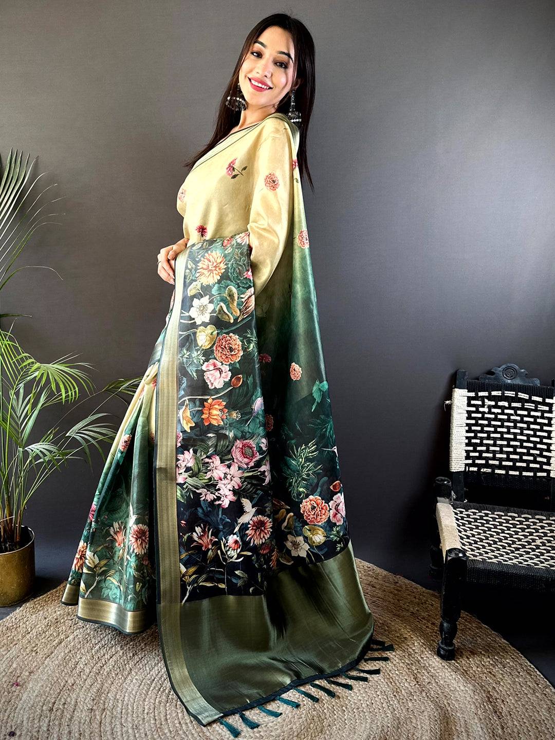 Beige Floral Grace Soft Silk Tissue Saree