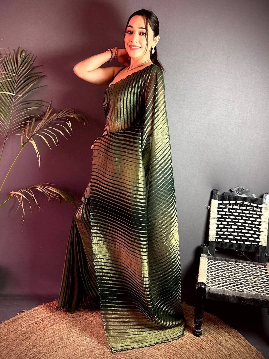 Classic Gold Zari Striped Chiffon Saree