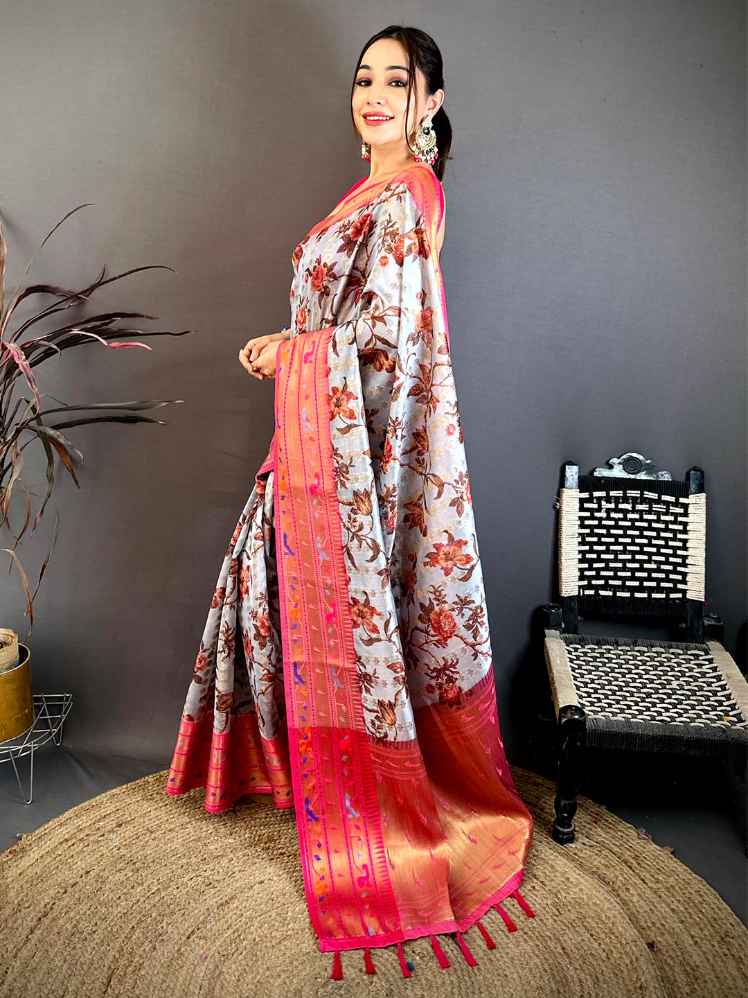 Light Grey Paithani Border Kora Tissue Saree