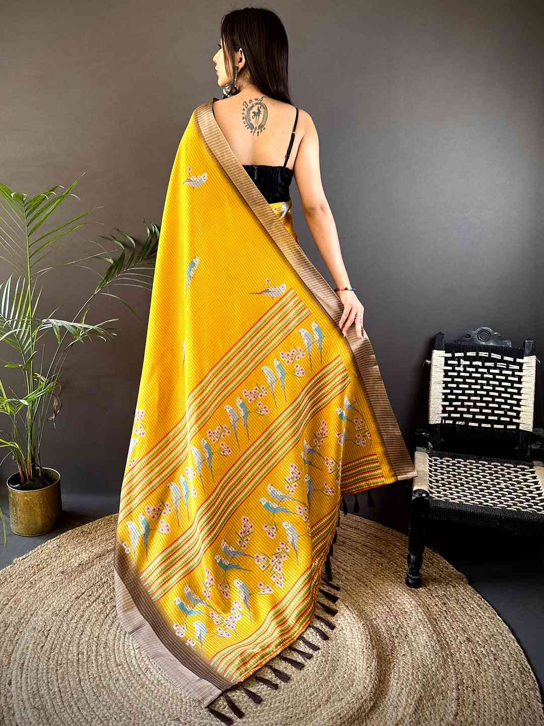 Yellow Chanderi Check Sparrow Print Saree