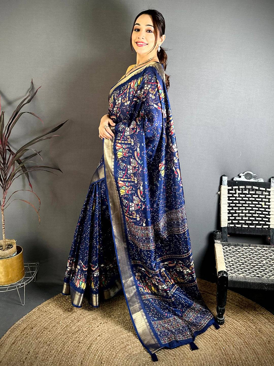 Navy Pen Kalamkari Soft Dola Zari Saree