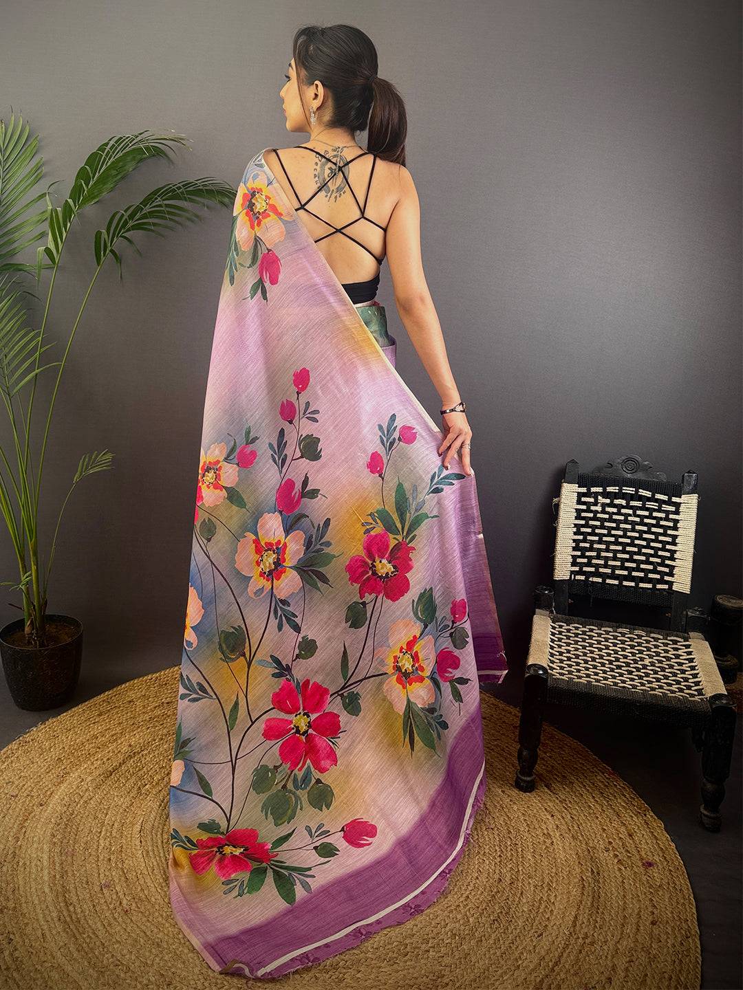 Purple Linen Chanderi Floral Print Saree