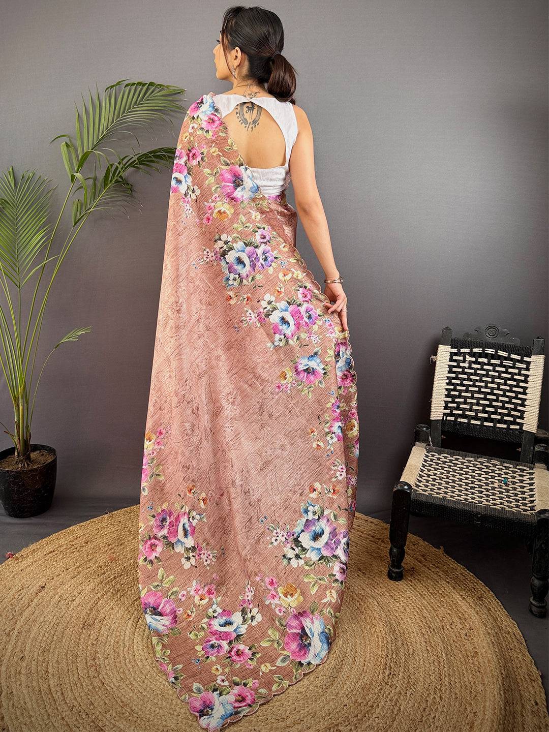 Brown Kota Doriya Floral Cut Work Saree