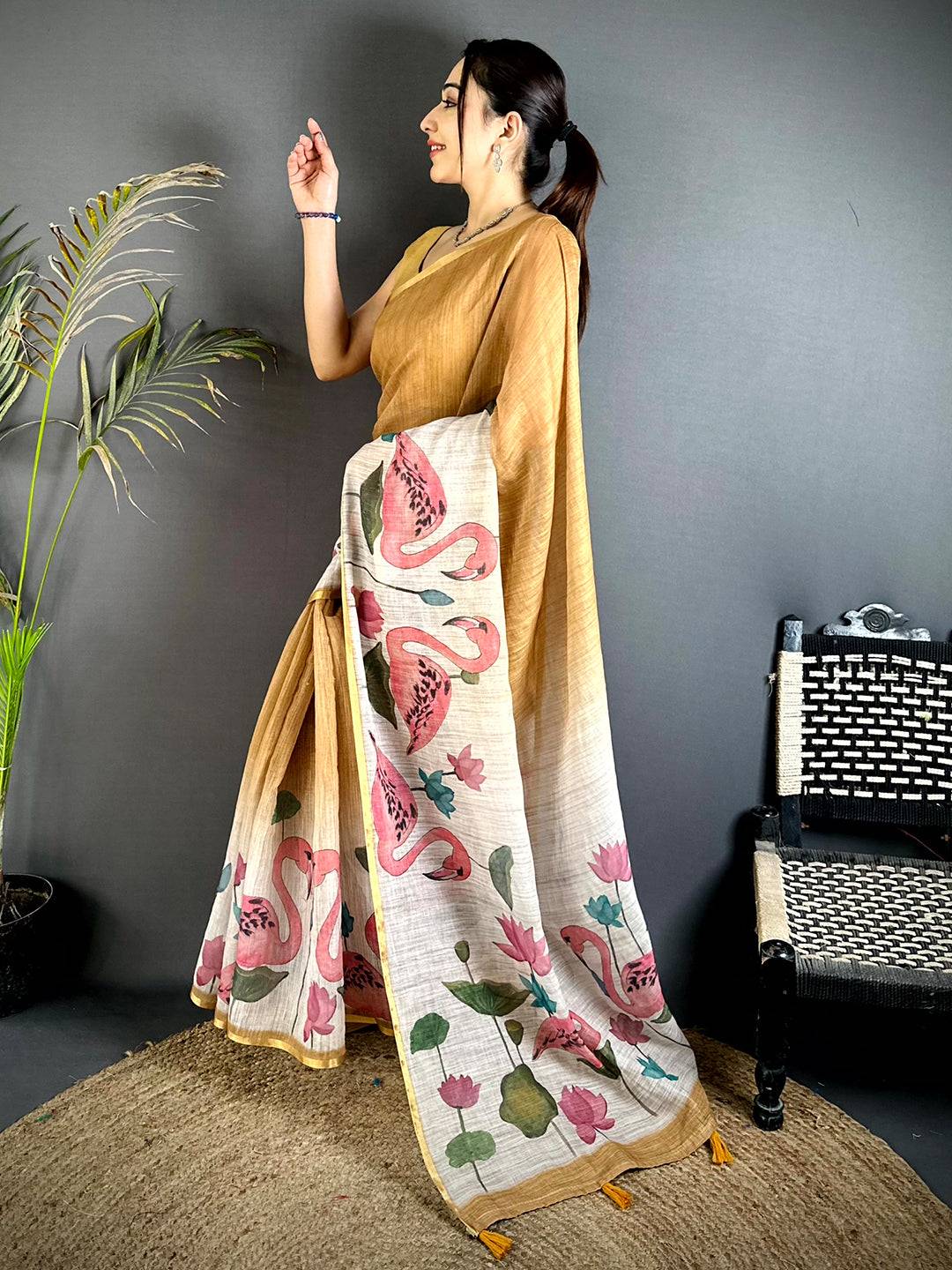 Mustard Swan Gold Zari Linen Saree