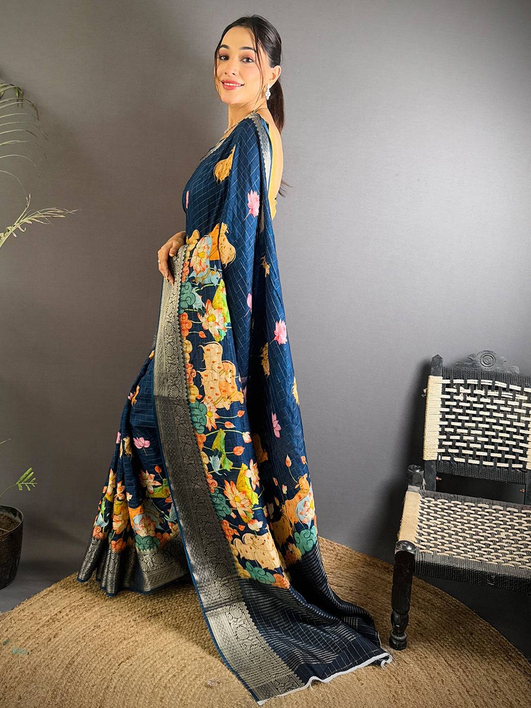 Elegant Teal Blue Viscose Kalamkari Saree