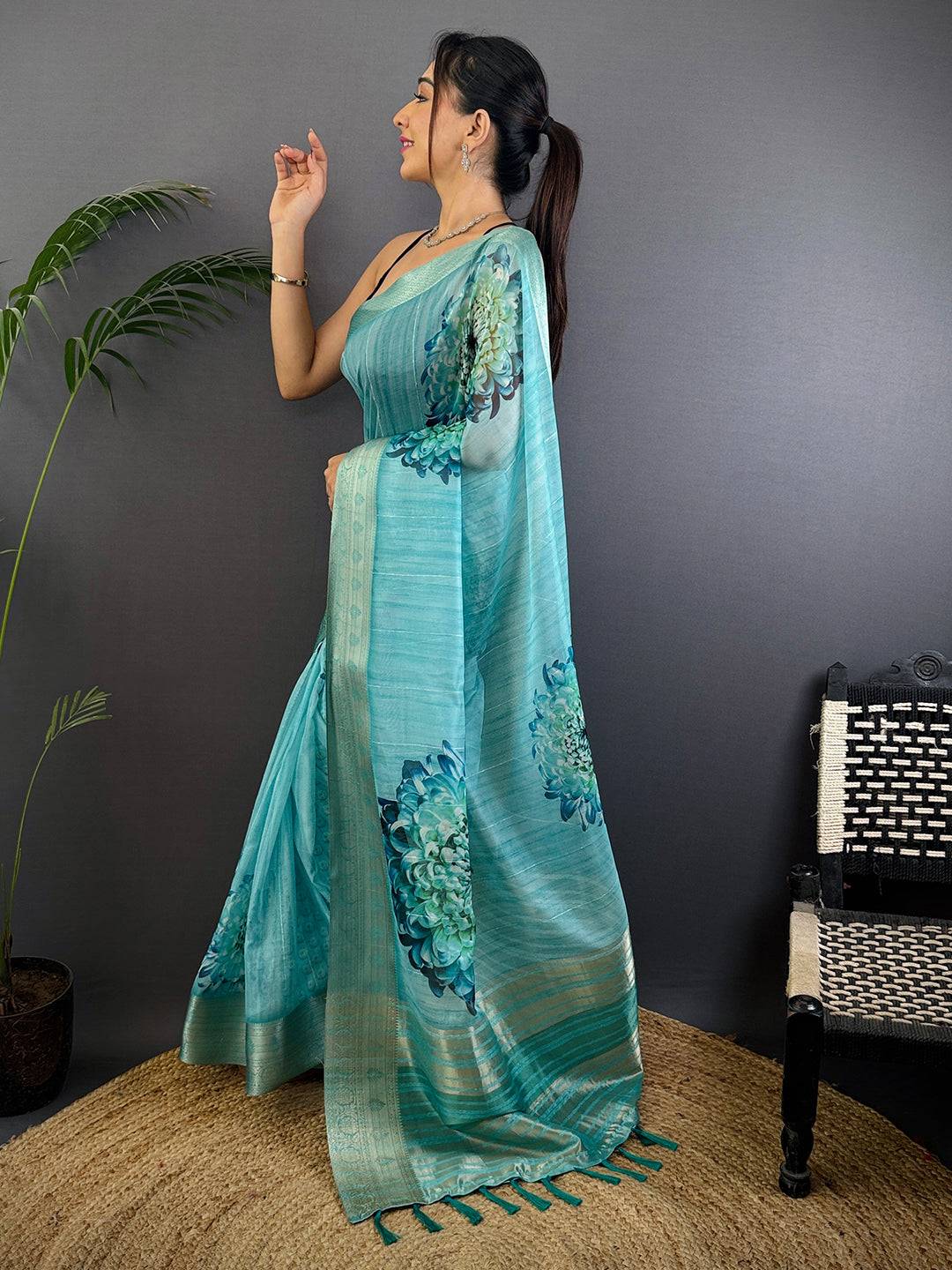 Aqua Soft Organza Digital Print Saree