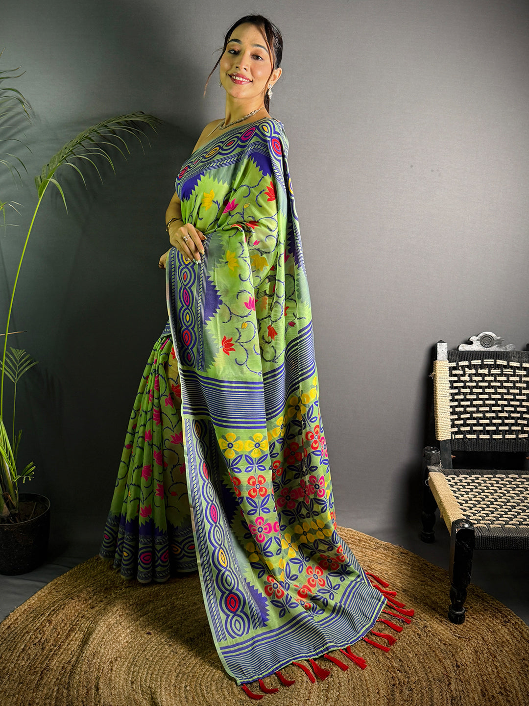 Light Green Dhakai Jamdani Soft Cotton Silk Saree