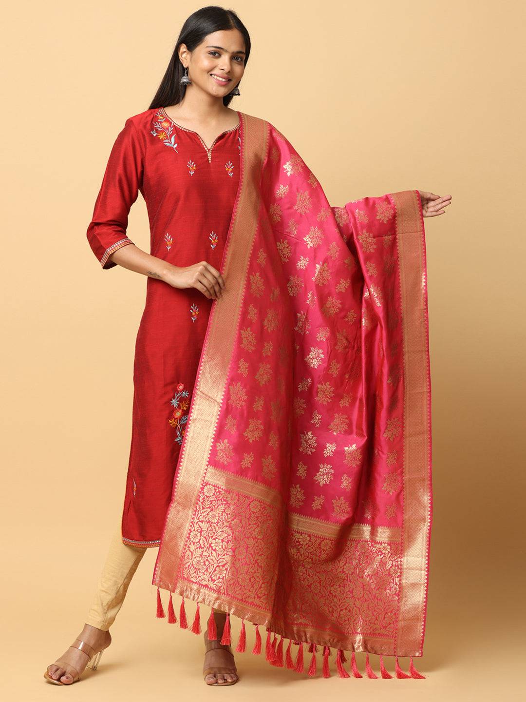 Elegant Rani silk blend dupatta with resham tassels