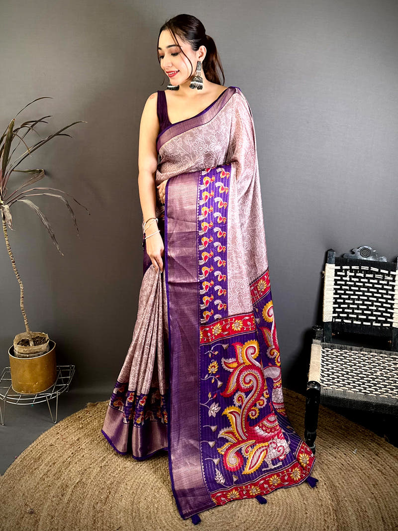 Regal Zari Katha Pattern Kalamkari Saree