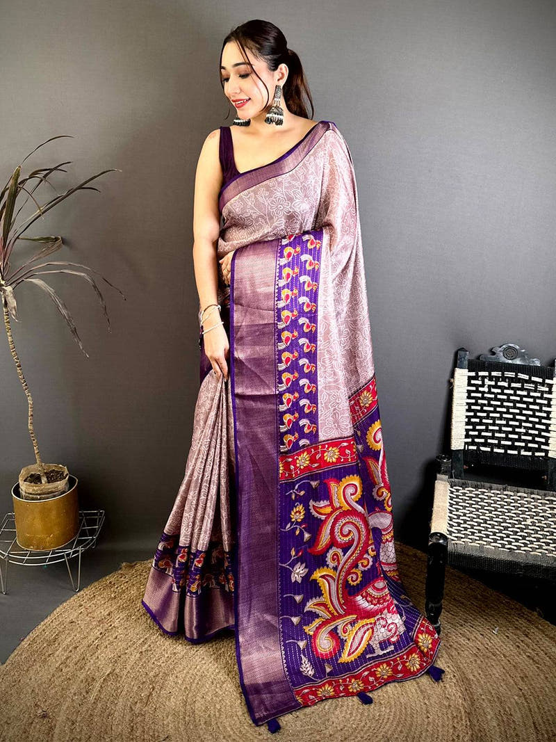 Regal Zari Katha Pattern Kalamkari Saree
